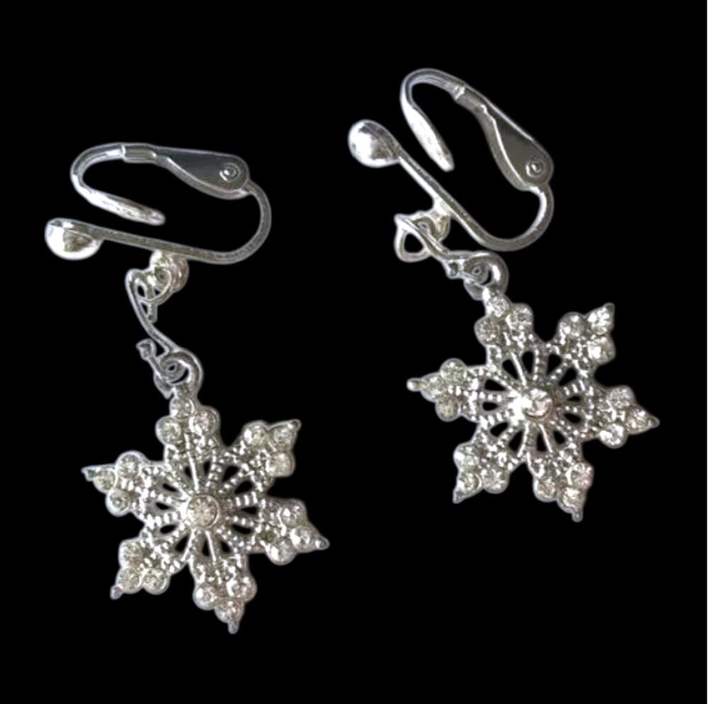 Holiday snowflake rhinestone embellished clip on earrings